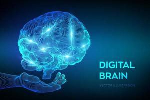 hjärna. digital hjärna i handen. 3d vetenskap och teknik koncept. neuralt nätverk. iq -testning, artificiell intelligens virtuell emulering vetenskapsteknik. brainstorm tänk idé. vektor illustration.