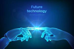 händer av robot och människors rörelse. cyborgfingret håller på att röra vid det mänskliga fingret. symbol för koppling mellan människor och artificiell intelligens. vetenskap, framtida teknik. vektor illustration.