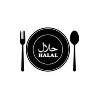 halal ikon symbol på de tallrik, gaffel och sked för islamic mat och dryck, kan använda sig av för logotyp gram, hemsida, baner, kulinariska affisch, klistermärke, mat och dryck meny design, restaurang reklam. vektor
