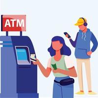 Cartoon positive Menschen, die in der Warteschlange bei ATM Pro Vektor stehen