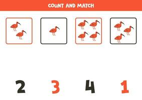 räkning spel för ungar. räkna Allt scharlakansrött ibisar och match med tal. kalkylblad för barn. vektor