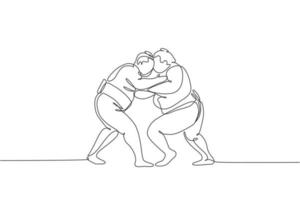 Eine einzige Strichzeichnung von zwei jungen übergewichtigen japanischen Sumo-Männern, die in der Arena-Wettbewerbsvektorillustration kämpfen. Traditionelles Rikishi-Kampfsportkonzept. modernes Design mit durchgehender Linienführung vektor