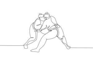 Eine einzige Strichzeichnung von zwei jungen übergewichtigen japanischen Sumo-Männern, die in der Arena-Wettbewerbsvektorillustration kämpfen. Traditionelles Rikishi-Kampfsportkonzept. modernes Design mit durchgehender Linienführung vektor