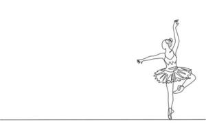 Eine durchgehende Strichzeichnung einer jungen anmutigen Balletttänzerin führt einen klassischen Schönheitstanz auf der Bühne des Opernhauses auf. Ballett-Performance-Konzept. dynamische einzeilige Zeichnungsdesign-Vektorillustration vektor