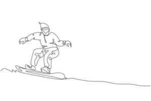 enda kontinuerlig linjeteckning av ung sportig snowboardåkare man som rider snowboard på berget. extremsport utomhus. vintersäsong semester koncept. trendig en linje rita design vektor illustration