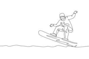 enda kontinuerlig linje ritning ung sportig snowboardåkare man som rider snowboard snabbt på berget. extremsport utomhus. vinter semester koncept. trendig enradig design grafisk vektorillustration vektor