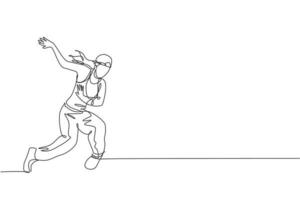 Eine durchgehende Linie, die junge sportliche Breakdancer-Frau mit Hut zeigt, zeigt Hip-Hop-Tanzstil auf der Straße. urbanes Lifestyle-Sportkonzept. dynamische einzeilige Zeichnungsdesign-Vektorgrafikillustration vektor