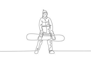 Eine durchgehende Strichzeichnung eines jungen, sportlichen Snowboarders, der ein Snowboard im verschneiten Pulverberg der Alpen hält. Winter-Lifestyle-Sport-Konzept. dynamische einzeilige Zeichnungsdesign-Vektorillustration vektor