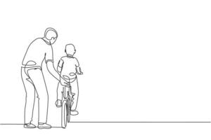 Eine einzige Strichzeichnung des jungen Vaters, der seinem Sohn das Fahrradfahren in der Vektorgrafik des öffentlichen Parks beibringt. Vaterschaftsunterricht. urbanes Familienzeitkonzept. modernes Design mit durchgehender Linienführung vektor