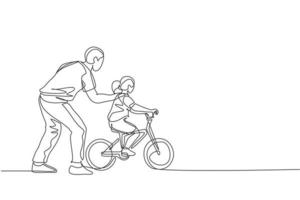 Eine einzige Strichzeichnung junger Vater, der seiner Tochter das Fahrradfahren im öffentlichen Park beibringt, Vektorgrafik. Vaterschaftsunterricht. urbanes Familienzeitkonzept. modernes Design mit durchgehender Linienführung vektor