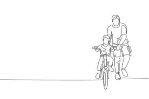 en kontinuerlig linjeteckning av ung far hjälper sitt pojkebarn att lära sig att cykla på landsbygden tillsammans. föräldraskap lektion koncept. dynamisk enkel linje rita design vektor illustration grafik
