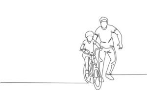 en kontinuerlig linjeteckning av ung far hjälper sin son att lära sig att cykla på landsbygden tillsammans. föräldraskap lektion koncept. dynamisk enkel linje rita grafisk design vektor illustration