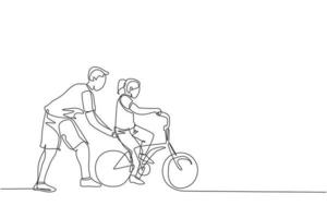 enda kontinuerlig linjeteckning av unga barnflicka som lär sig cykla med pappa på utomhusparken. föräldraskapslektion. familjetid koncept. trendiga en linje rita grafisk design vektor illustration