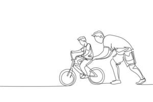 Eine einzige Strichzeichnung des jungen Vaters, der seinem Sohn das Fahrradfahren in der Vektorgrafik des öffentlichen Parks beibringt. Vaterschaftsunterricht. urbanes Familienzeitkonzept. modernes Design mit durchgehender Linienführung vektor