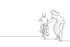 einzelne durchgehende Strichzeichnung von kleinen Kindern, die mit der Mutter im Outdoor-Park Fahrrad fahren lernen. Elternschaftsunterricht. Familienzeit-Konzept. trendige einlinie zeichnen design vektorgrafik illustration vektor