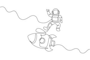 en kontinuerlig linjeteckning av rymdmännens astronautvetenskap som upptäcker kosmos galaktiskt med raket. kosmonaut utforskning av yttre rymden koncept. dynamisk enkel linje rita design vektor illustration