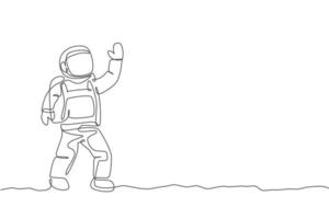 einzelne durchgehende Strichzeichnung eines jungen Kosmonautenwissenschaftlers, der das Weltraumspaziergang-Universum im Vintage-Stil entdeckt. Astronauten-Konzept für kosmische Reisende. trendige Grafikdesign-Vektorillustration mit einer Linie zeichnen vektor