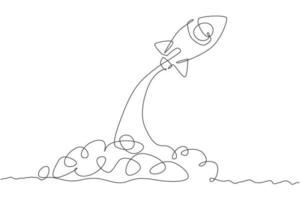 en enda linje ritning av enkel vintage raket tar fart i yttre rymden vektorgrafisk illustration. utforskningskosmos galaktiskt med rymdskeppskoncept. modern kontinuerlig linje rita design vektor