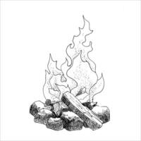 Lagerfeuer mit Holz auf das Lagerfeuer Lager Ort. Hand gezeichnet skizzieren Illustration. benutzt zum reisen, Reise, wandern, Wohnmobil, Natur, Angeln vektor