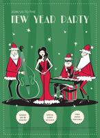 Nacht Verein retro Neu Jahr Party Einladung. 60er Jahre - - 70er Jahre Disko Stil Weihnachten Poster. Vektor Illustration mit Santa claus Musical Band und Sänger Frau.
