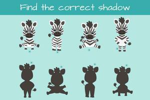 finden richtig Schatten. Kinder lehrreich Logik Spiel. süß komisch Zebra. Vektor Illustration isoliert auf Weiß Hintergrund.
