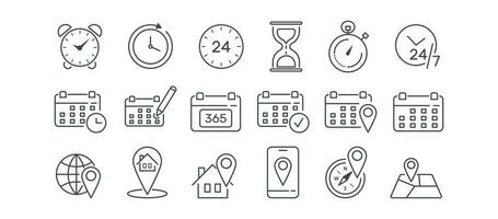 tid, datum, plats ikon uppsättning. plats, Hem, årlig, kompass, Karta, märke, runda de klocka vektor illustration. redigerbar stroke