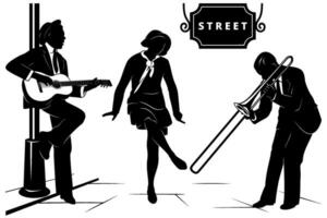 Straße Musiker Silhouetten Illustration. Gitarrist, Tanzen Frau und Posaune Spieler. Banner zum Ihre Text. alle Elemente sind getrennt. vektor