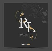 das r und l Logo mit ein Blumen- Design und Gold Beschriftung vektor