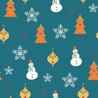 jul sömlösa mönster med snögubbe, snöflingor och julgran. vektor