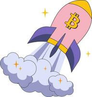 Rakete mit Bitcoin Symbol fliegt hoch. Vektor Illustration im retro Stil Über erhebt euch von Bitcoin auf Kryptowährung Austausch
