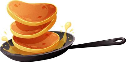 fräsning panorera med flygande pannkakor och olja på transparent bakgrund. vektor illustration för pannkaka dag och frukost i tecknad serie stil