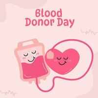 blod givare dag bakgrund. karaktär hjärta, blod donation väska vektor
