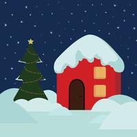 Illustration über neues Jahr mit Baum und Haus im Schnee. blauer Hintergrund mit Schneeflocken vektor