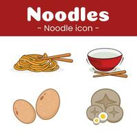 einstellen von eben Illustration Symbole von Nudeln, Ei, Grün Zwiebel, rot Schüssel und Essstäbchen vektor