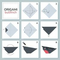 domherre origami schema handledning rör på sig modell. origami för ungar. steg förbi steg på vilket sätt till göra en söt origami fågel. vektor illustration.