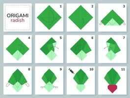 Rettich Origami planen Lernprogramm ziehen um Modell. Origami zum Kinder. Schritt durch Schritt Wie zu machen ein süß Origami Gemüse. Vektor Illustration.