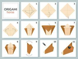 Pferd Origami planen Lernprogramm ziehen um Modell. Origami zum Kinder. Schritt durch Schritt Wie zu machen ein süß Origami Tier. Vektor Illustration.