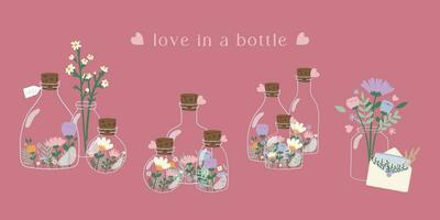 Hand gezeichnet Vektor Illustration einstellen von anders Glas Flaschen mit Blumen innen. Valentinstag, Geburtstag, gegenwärtig, Mutter Tag Thema. Frühling blühen Blumen. zum Karte, Aufkleber, Einladung, Sozial Medien