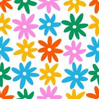 hand dragen färgrik daisy sömlös mönster. årgång hippie y2k blomma bakgrund. retro 1970 naiv barnslig ljus blommig dekor. vektor illustration.