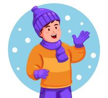 pojke i vinter- kläder med händer upp i de luft vektor