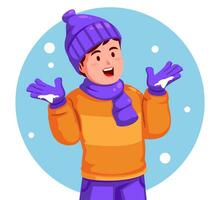 pojke i vinter- kläder med händer upp i de luft vektor