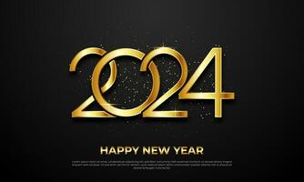 Neu Jahr Feier 2024 mit Stil Nummer im golden Farbe mit glänzend Licht auf ein dunkel Dekoration Hintergrund vektor