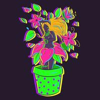 du wächst, Mädchen. Neon-Konzeptkunst einer weiblichen Fee in einem Blumen- und Blätterkleid. Vektor-Illustration eines märchenhaften blonden Mädchens in einem Pflanzen-Outfit. Mutter Natur in einem Topf. vektor