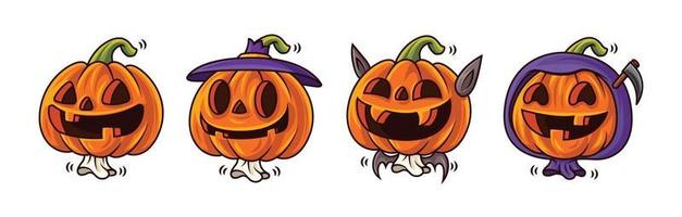 glad Halloween. tecknad serie av söta jack o lantern pumpa karaktär med roliga ansiktsuttryck och halloween kostymer. maskot set. vektor