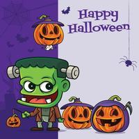 Cartoon süßes Frankenstein-Monster mit verschiedenen lustigen Kürbis auf Halloween-Gruß-Schild vektor