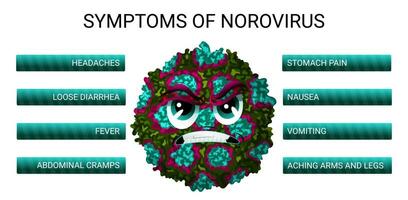 Norovirus Symptome Infografik mit Karikatur Virus Charakter vektor