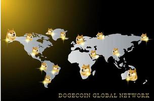 Dogecoin-Weltkartenillustration, Doge-Münze zum globalen Netzwerk des Mondes. vektor