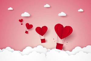 alla hjärtans dag, illustration av kärlek, luftballonger i rött hjärta som flyger på himlen, papper konststil vektor