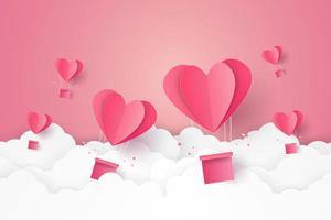 alla hjärtans dag, illustration av kärlek, luftballong i en hjärtform som flyger på himlen, papper konststil vektor