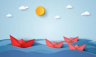 ledarskapskoncept, origami -båt som seglar i blått hav, papper konststil vektor